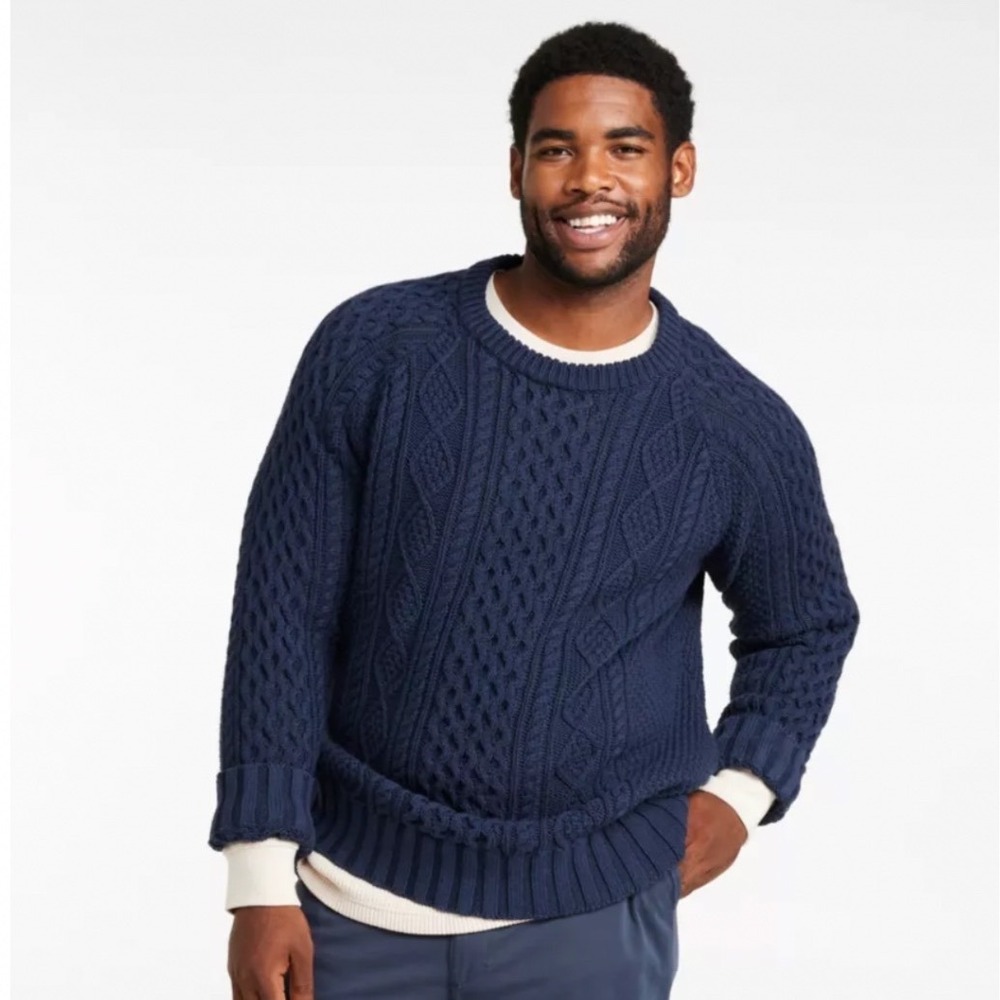 LL Bean Signature Navy Blue Cotton Cable Knit Fisherman Sweater Size Large